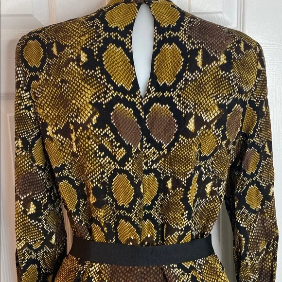 ZARA SNAKESKIN ANIMAL PRINT LONG SLEEVE BELTED BLACK BROWN YELLOW DRESS SZ XS - Picture 12 of 16